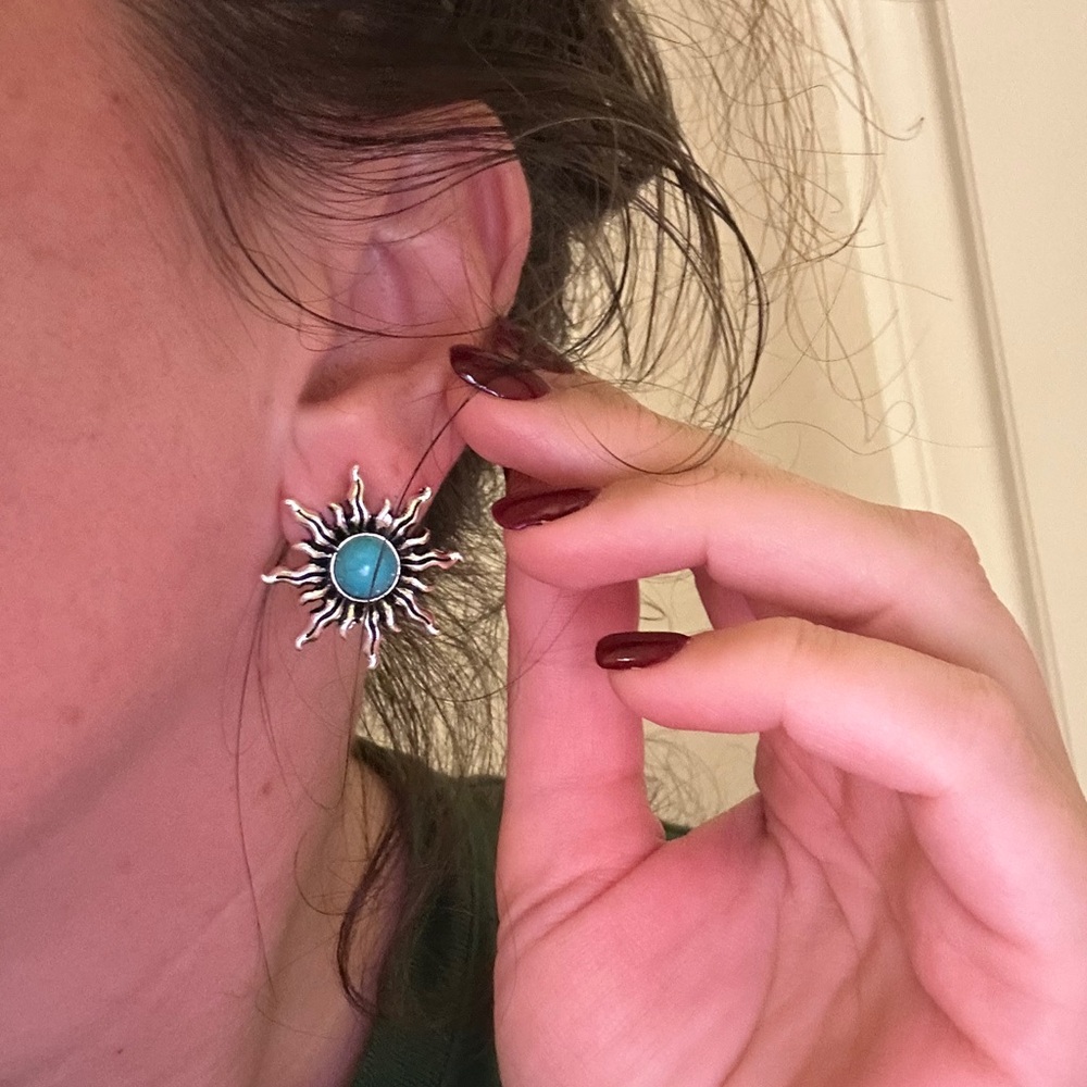 Silver Sunburst Earrings with Turquoise Accents - Picture 2 of 2
